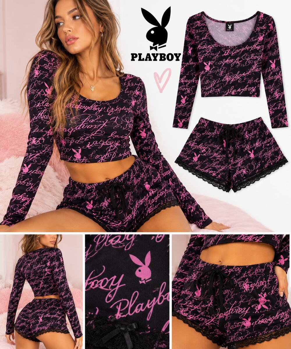 Y2K Playboy Pink Script 2-Piece Lounge Set – M
